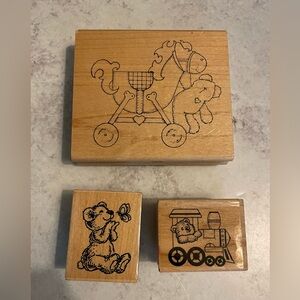 Lot Of 3 Wood Rubber Stamps Crafting/Baby/Rocking Horse/ Train/ Bears/ Butterfly